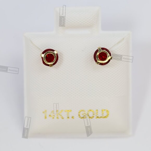 14K Solid Gold Red CZ Stud Earrings • Elegant Round Design • For Women & Girls. - Picture 1 of 8